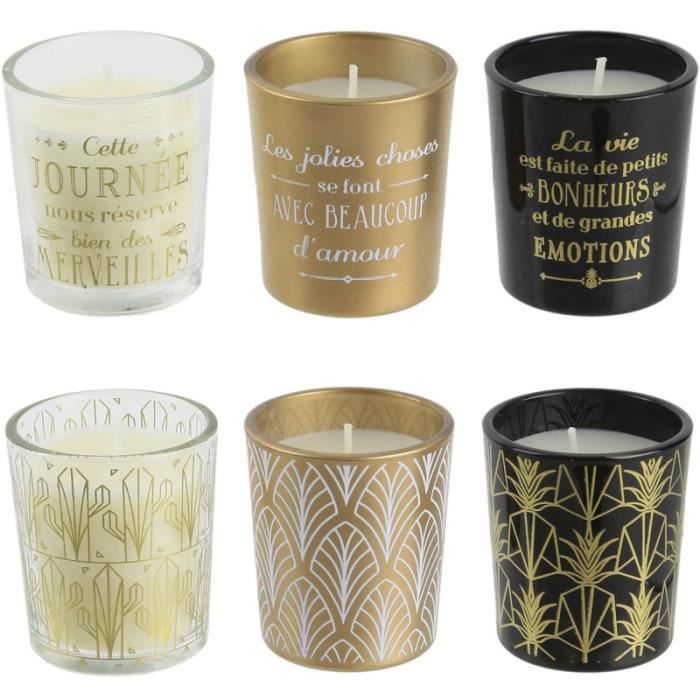 Bougies parfumées Home déco art Coffret de 6 assorties Senteur vanille Pots verre Doré noir et transparent